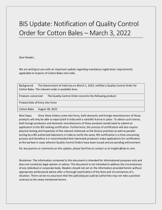 BIS Update Notification of Quality Control Order for Cotton Bales – March 3, 2023