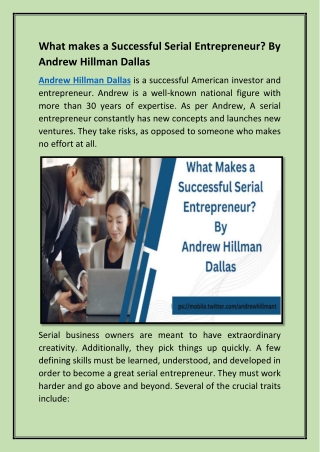 What makes a Successful Serial Entrepreneur  By Andrew Hillman Dallas