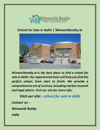 School for Sale in Delhi  Winworldrealty in