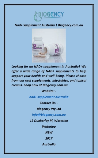 Nad  Supplement Australia  Biogency.com