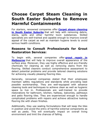 Choose Carpet Steam Cleaning in South Easter Suburbs to Remove Harmful Containments
