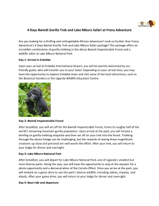 4 Days Bwindi Gorilla Trek and Lake Mburo Safari at Frena Adventure