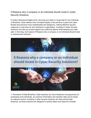 5 Reasons why a company or an Individual should invest in Cyber Security Solutions