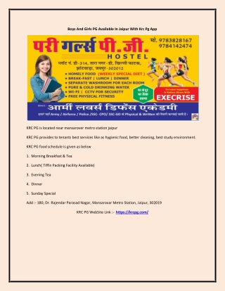 Boys And Girls PG Available In Jaipur With Krc Pg App