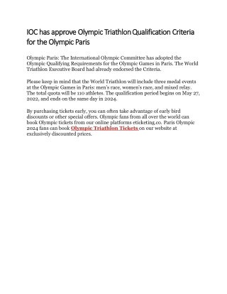 Olympic Paris: The IOC has approved Olympic Triathlon Qualification Criteria