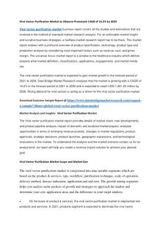 Viral Vector Purification Market to Observe Prominent CAGR of 14.2 by 2029