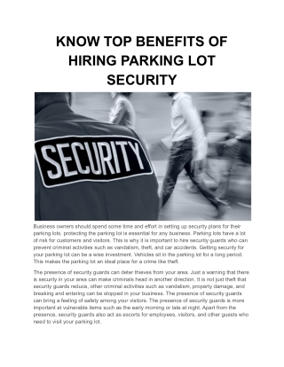 KNOW TOP BENEFITS OF HIRING PARKING LOT SECURITY