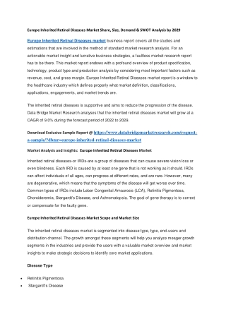 Europe Inherited Retinal Diseases Market Share, Size, Demand & SWOT Analysis by 2029