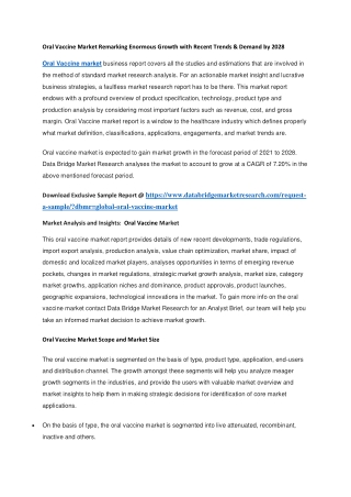 Oral Vaccine Market Remarking Enormous Growth with Recent Trends & Demand by 2028