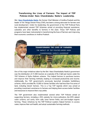 Transforming  the  Lives  of  Farmers, The  Impact  of  TDP  Policies Under  Nara  Chandrababu  Naidu's  Leadership.
