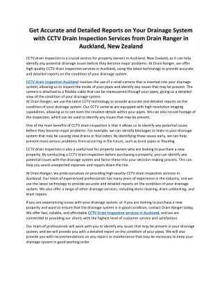 Get Accurate and Detailed Reports on Your Drainage System with CCTV Drain Inspection Services from Drain Ranger in Auckl