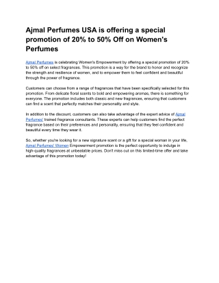 Ajmal Perfumes USA is offering a special promotion of 20% to 50% Off on Women's Perfumes