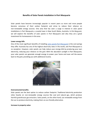Benefits of Solar Panels Installation in Port Macquarie