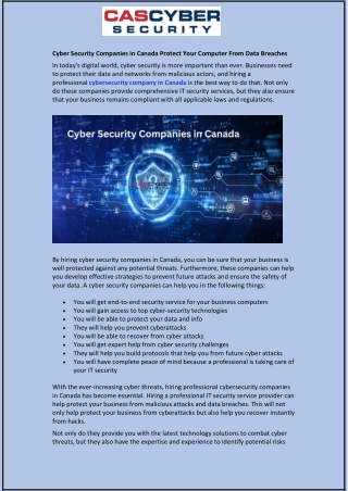 Cyber Security Companies in Canada Protect Your Computer From Data Breaches