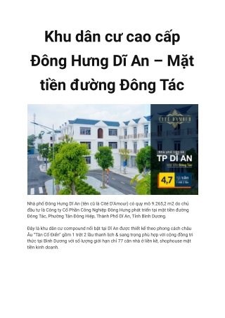 Khu dân cư cao cấp Đông Hưng Dĩ An – Mặt tiền đường Đông Tác