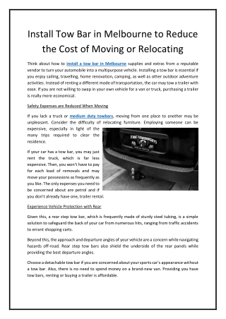 Install Tow Bar in Melbourne to Reduce the Cost of Moving or Relocating