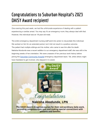 Congratulations to Suburban Hospital’s 2023 DAISY Award recipient!