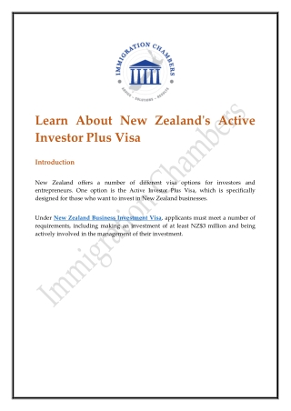 Learn About New Zealand's Active Investor Plus Visa