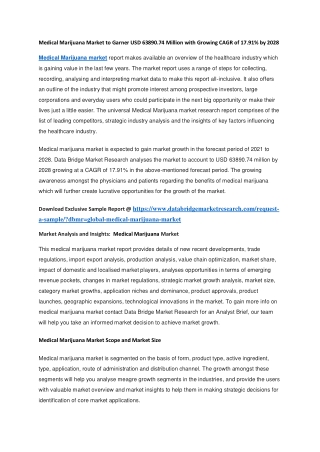 Medical Marijuana Market to Garner USD 63890.74 Million with Growing CAGR of 17.91 by 2028