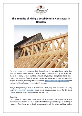 The Benefits of Hiring a Local General Contractor in Houston