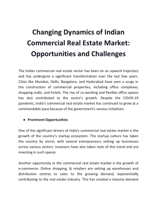 Changing Dynamics of Indian Commercial Real Estate Market- Opportunities and Challenges