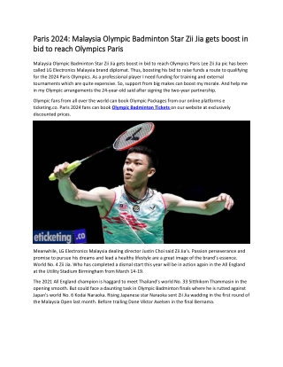 Paris 2024 Olympic Badminton Star Zii Jia gets boost in bid to reach Olympics Paris