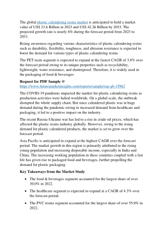 Plastic Calendering Resins Market Size Predictions : US$ 42.26 Billion by 2033