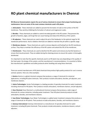 RO plant chemical manufacturers in Chennai  blog