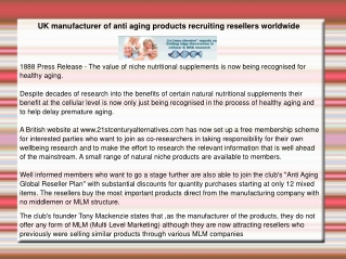 UK manufacturer of anti aging products recruiting resellers