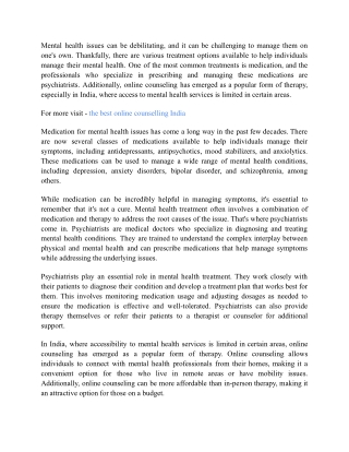 The role of medication in mental health treatment and the role of a psychiatrist
