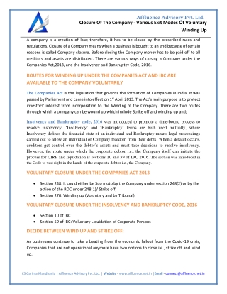 CLOSURE OF THE COMPANY - VARIOUS EXIT MODES OF VOLUNTARY WINDING UP