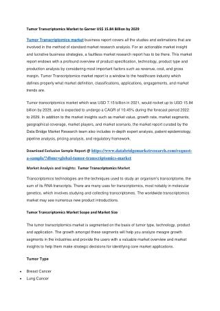 Tumor Transcriptomics Market to Garner US 15.84 Billion by 2029