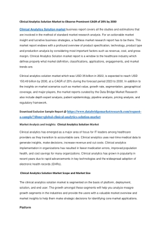 Clinical Analytics Solution Market to Observe Prominent CAGR of 20 by 2030