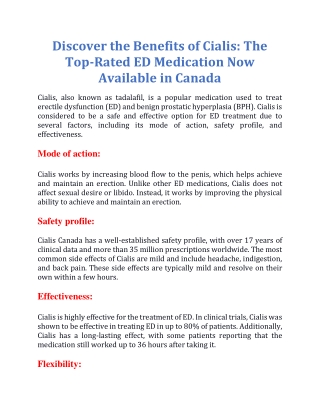Discover the Benefits of Cialis The Top-Rated ED Medication Now Available in Canada