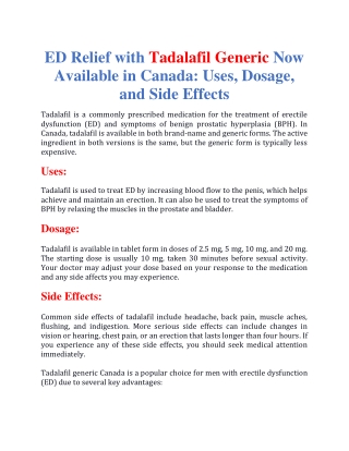 ED Relief with Tadalafil Generic Now Available in Canada Uses, Dosage, and Side Effects