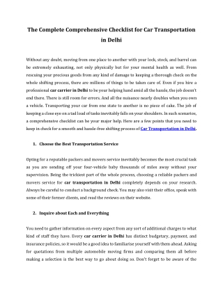 The Complete Comprehensive Checklist for Car Transportation in Delhi