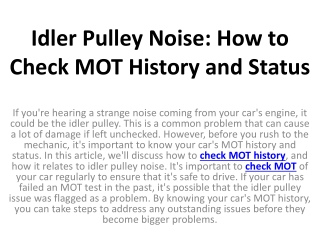 Idler Pulley Noise: How to Check MOT History and Status