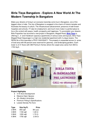 Birla Tisya Bangalore - Explore A New Life At The Modern Homes