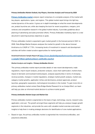 Primary Antibodies Market Outlook, Key Players, Overview Analysis and Forecast by 2028