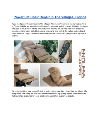 Power Lift Chair Repair in The Villages, Florida