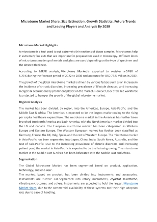 Microtome Market Growth Outlook, Future Trends, Applications, Key Insights
