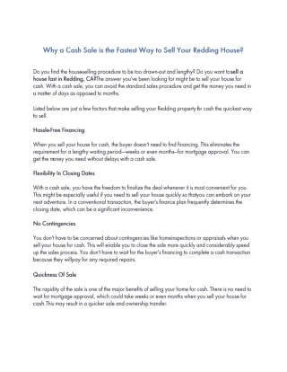 Why a Cash Sale is the Fastest Way to Sell Your Redding House?