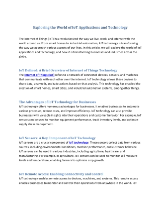 Exploring the World of IoT Applications and Technology