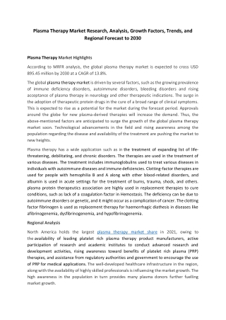 Plasma Therapy Market Share, Trends, Regional Outlook, Analysis, Global Growth,