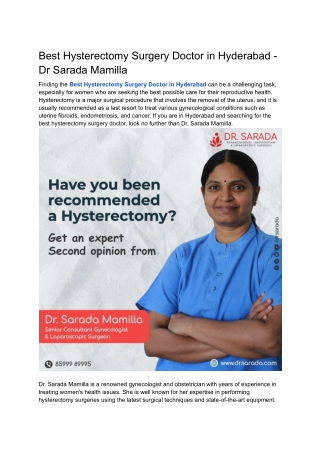 Best Hysterectomy Surgery Doctor in Hyderabad - Dr Sarada Mamilla