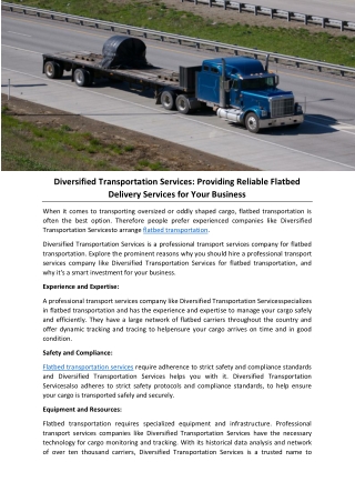 Diversified Transportation Services Providing Reliable Flatbed Delivery Services for Your Business
