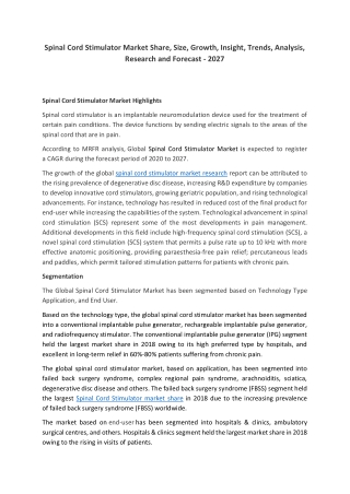 Spinal Cord Stimulator Market Share, Size, Key Players, Industry Trends, Growth
