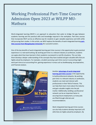 Part-Time Working Professional Course Admission Open 2023 at WILP MU- Mathura