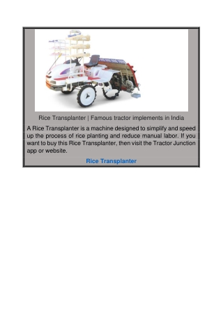 Rice Transplanter  Famous tractor implements in India