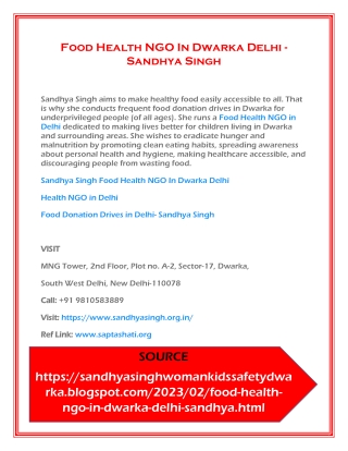 Food Health NGO In Dwarka Delhi - Sandhya Singh